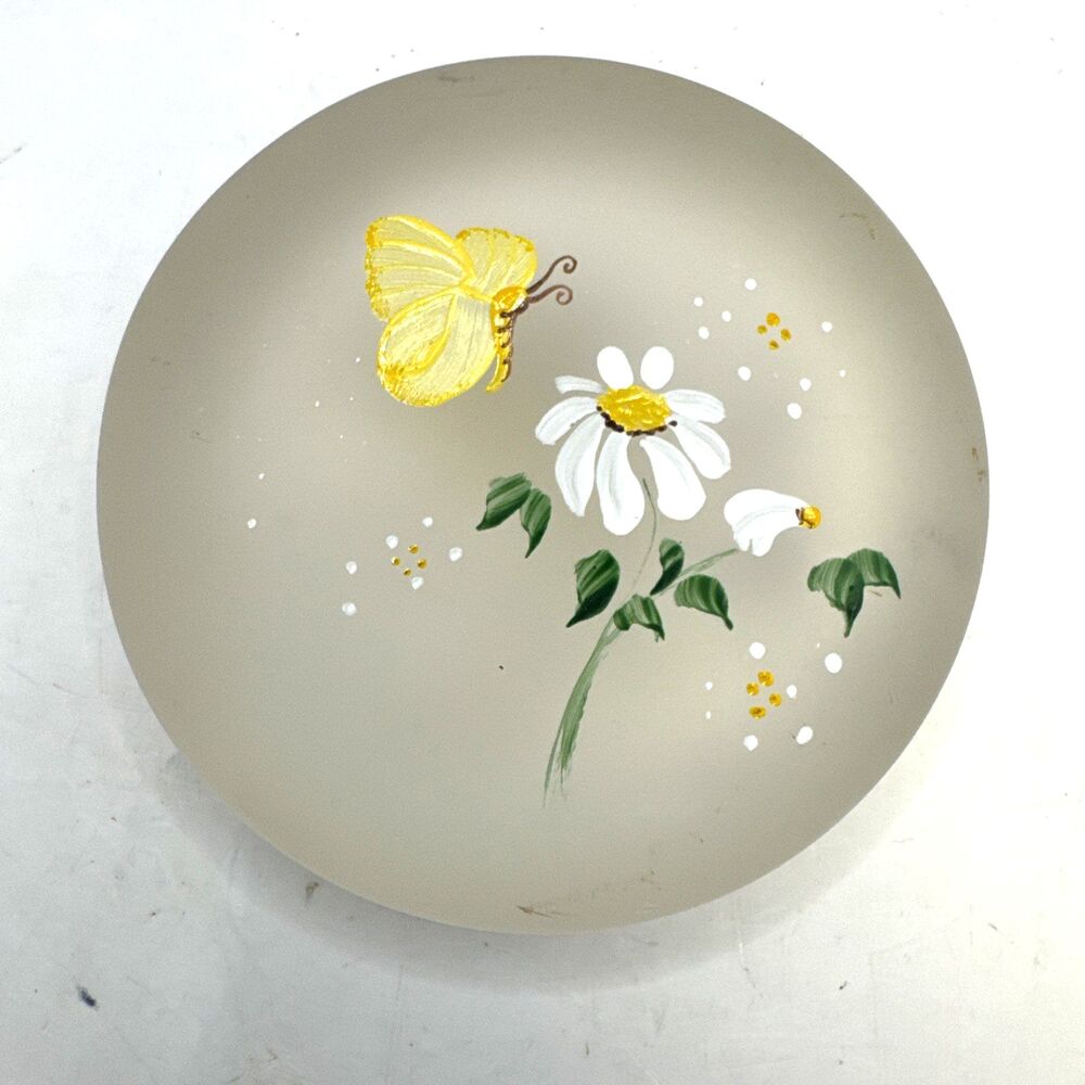 Vintage LE Smith Glass Hand Painted Daisy Butterfly Flowers Frosted Paperweight